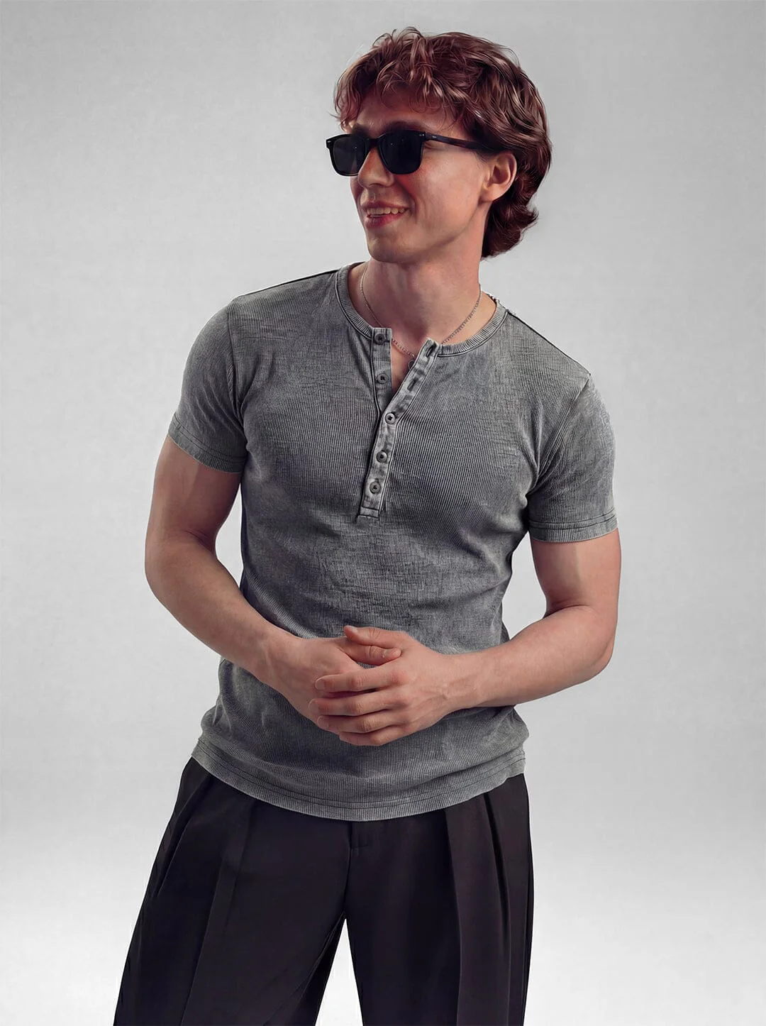 Acid Washed Ribbed Henley Short Sleeves Tshirt