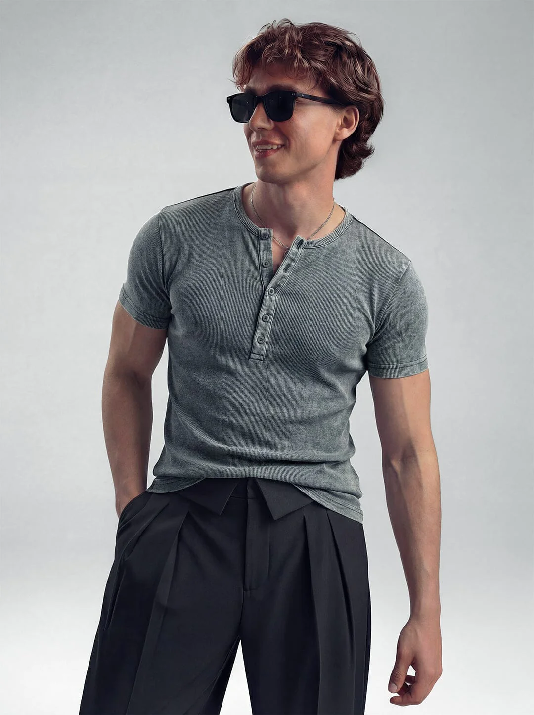 Acid Washed Ribbed Henley Short Sleeves Tshirt - Image 2