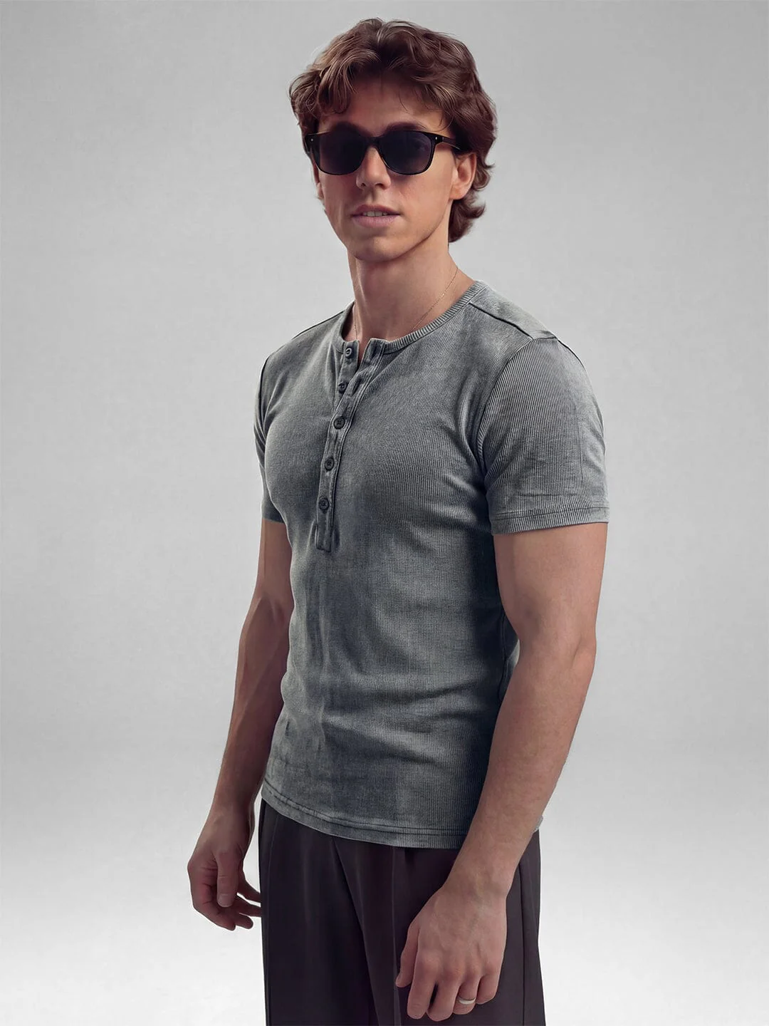 Acid Washed Ribbed Henley Short Sleeves Tshirt - Image 3