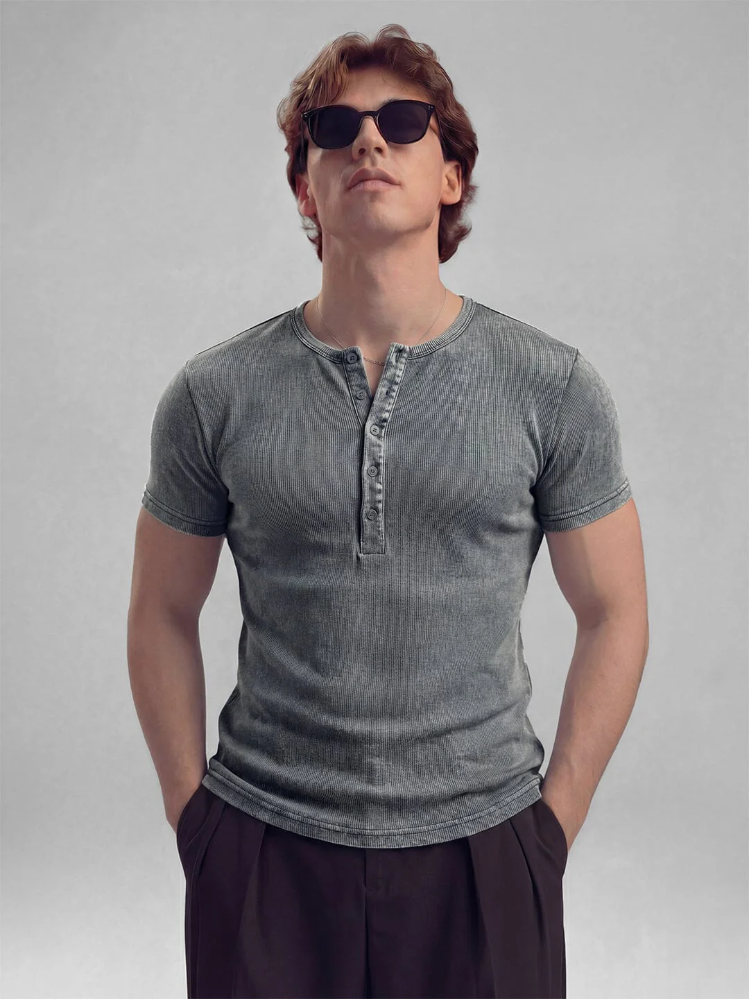 Acid Washed Ribbed Henley Short Sleeves Tshirt - Image 6