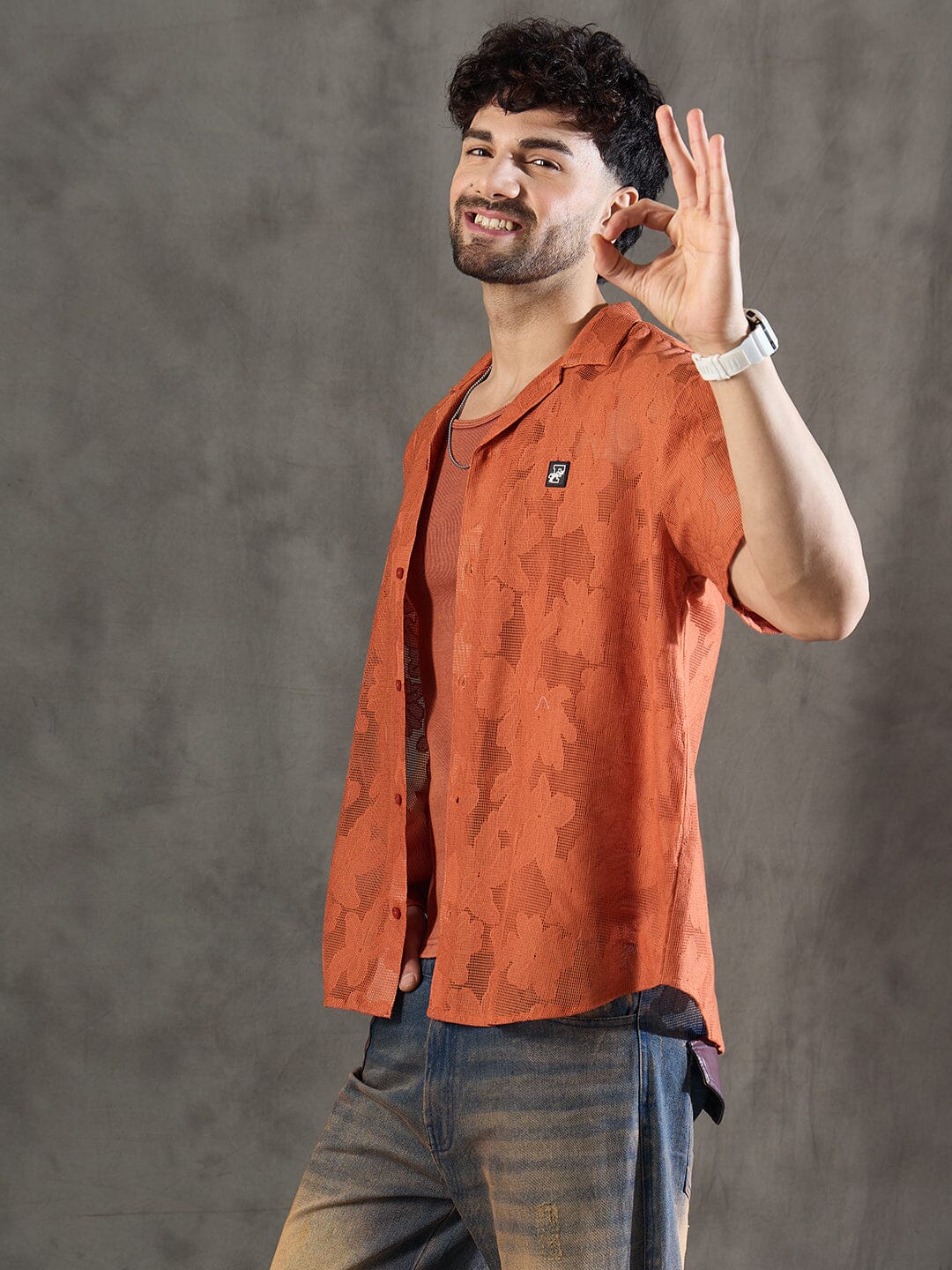 Apricot Dyed Lace Cuban Shirt With Muscle Fit Vest - Image 2