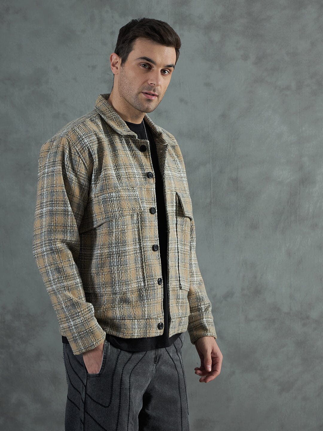Biege Checkered Tweed Cropped Jacket - Image 2