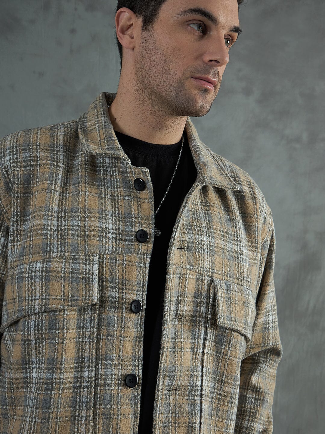 Biege Checkered Tweed Cropped Jacket - Image 4