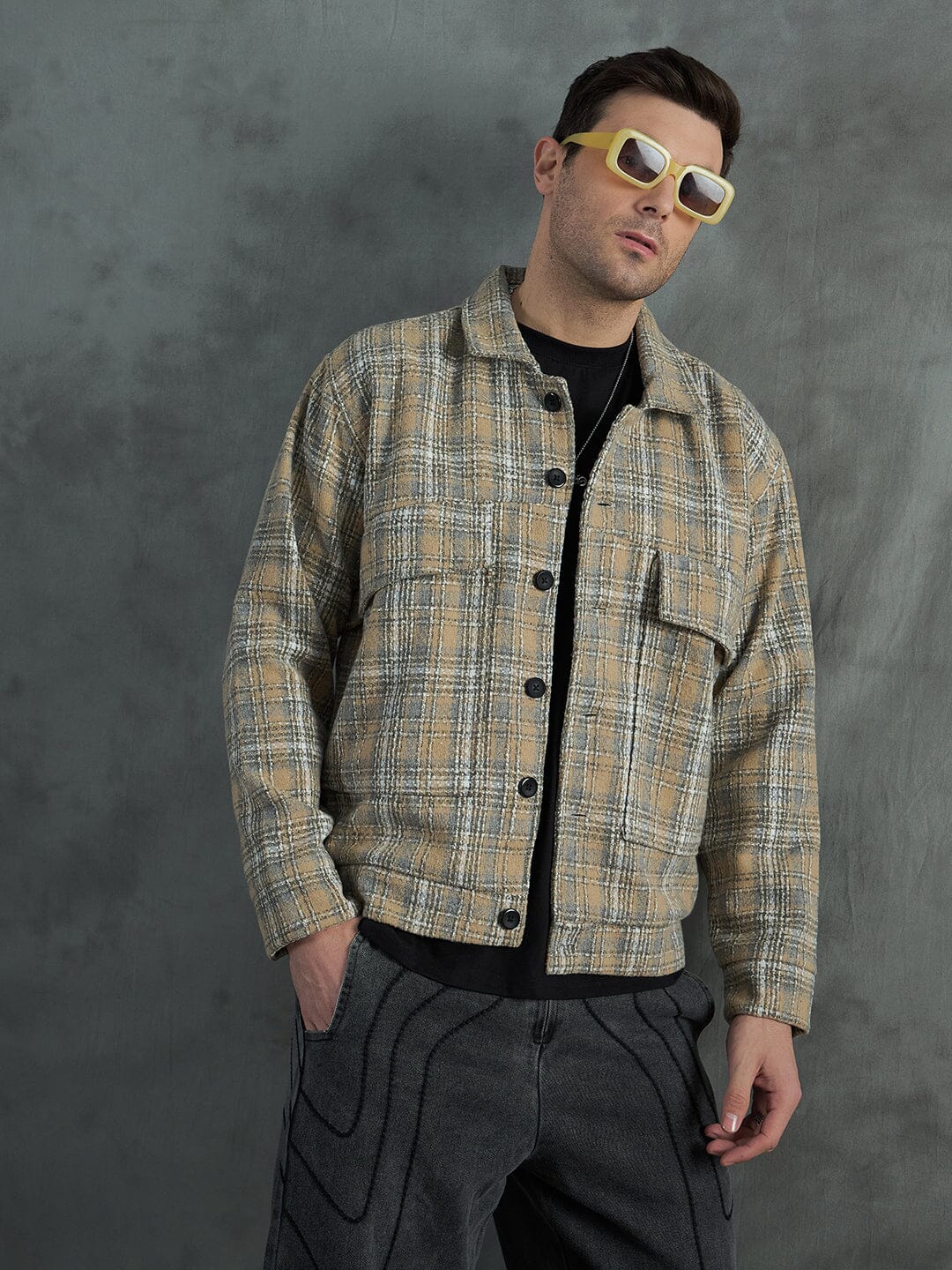 Biege Checkered Tweed Cropped Jacket - Image 6