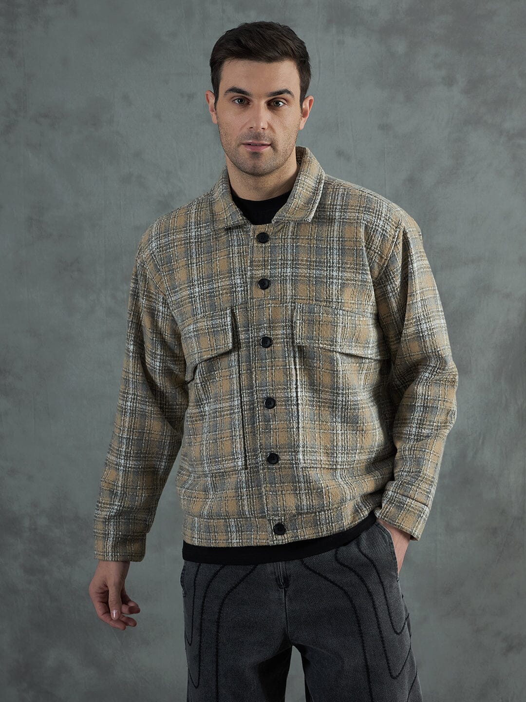 Biege Checkered Tweed Cropped Jacket - Image 7