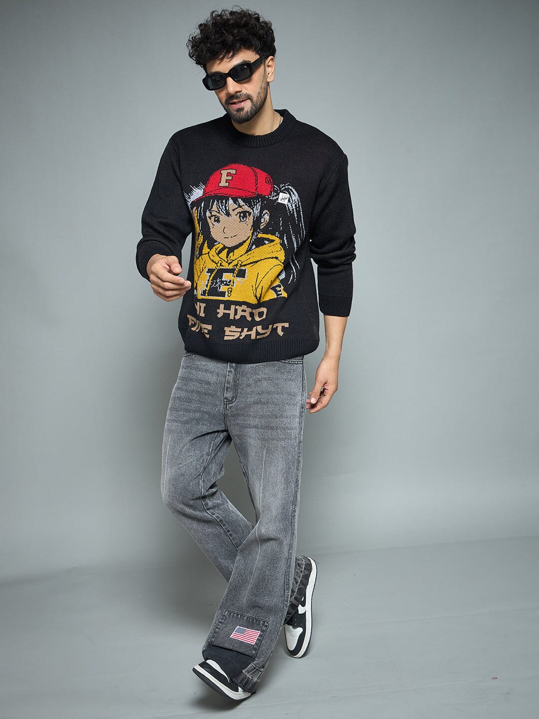 Black Anime Graphic Knitted Sweater - Image 3