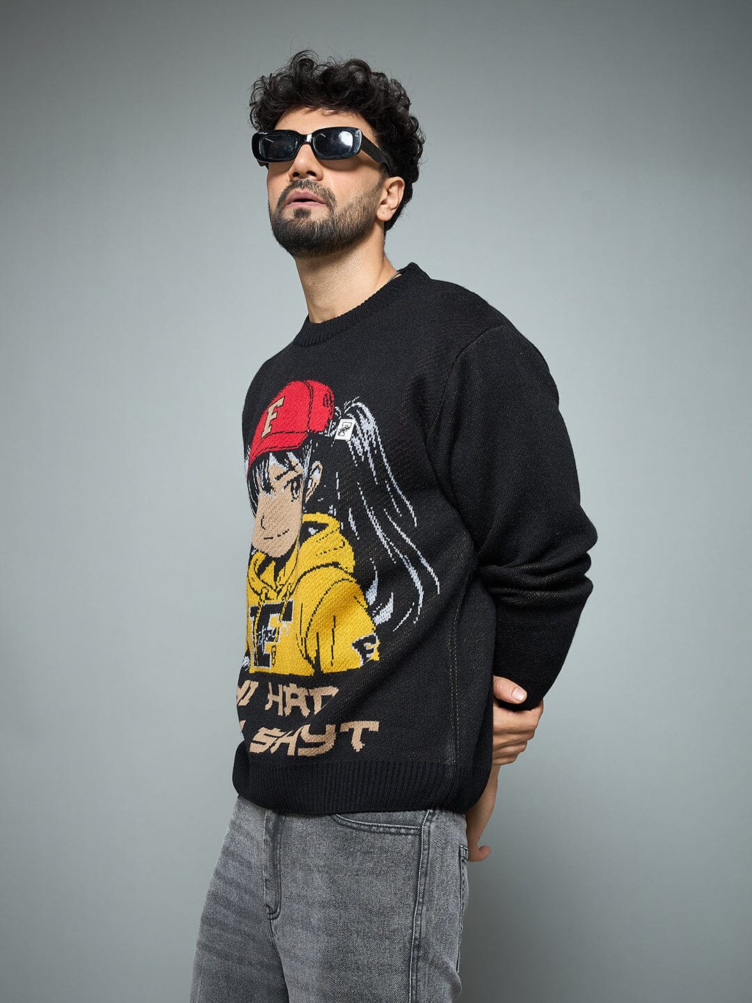Black Anime Graphic Knitted Sweater - Image 5
