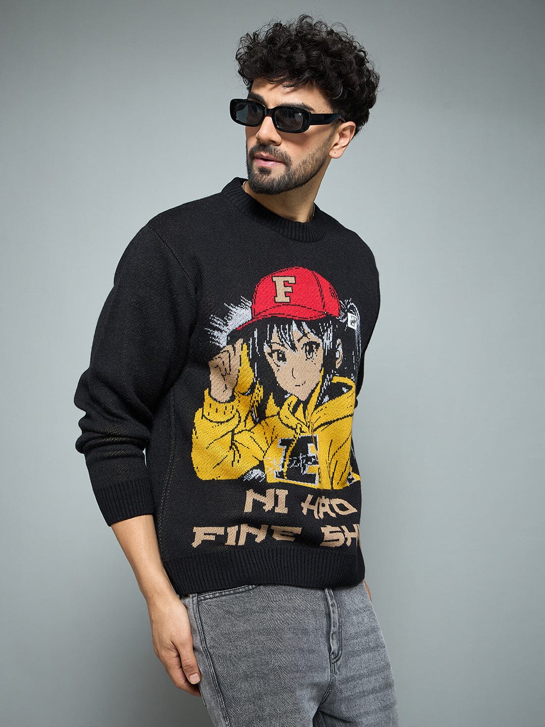 Black Anime Graphic Knitted Sweater - Image 6