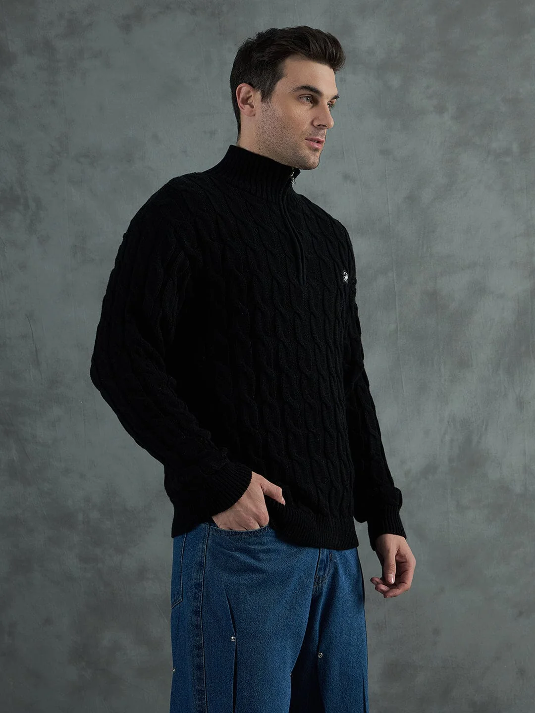 Black Cable Knit Turtle Neck Sweater - Image 3