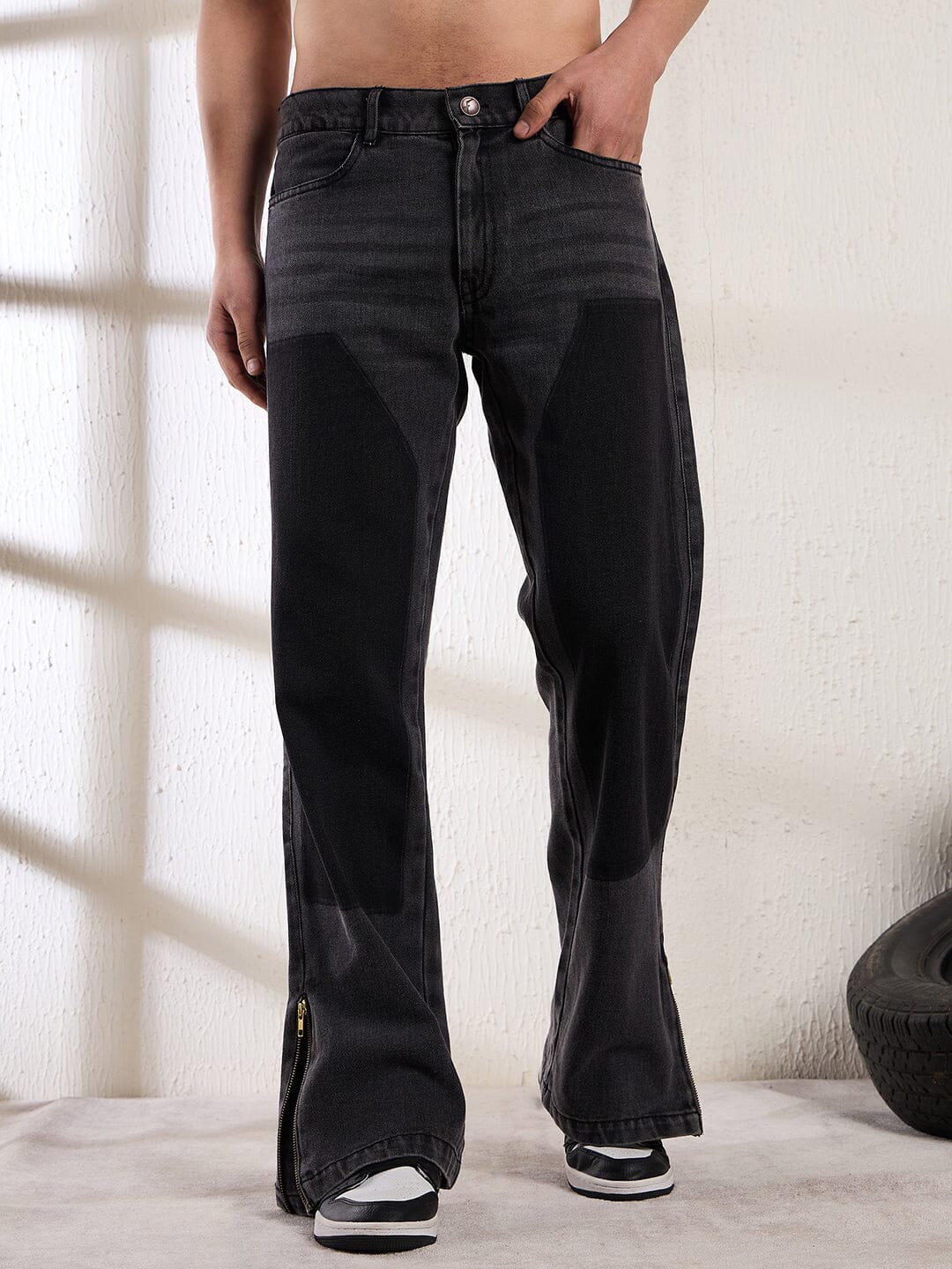 Black Contrast Patched Flared Zipped Denim - Image 2