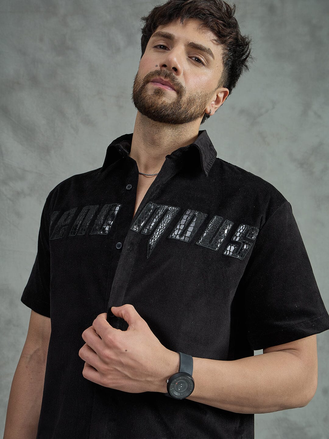 Black Corduroy Pu Applique Short Sleeves Shirt - Image 4