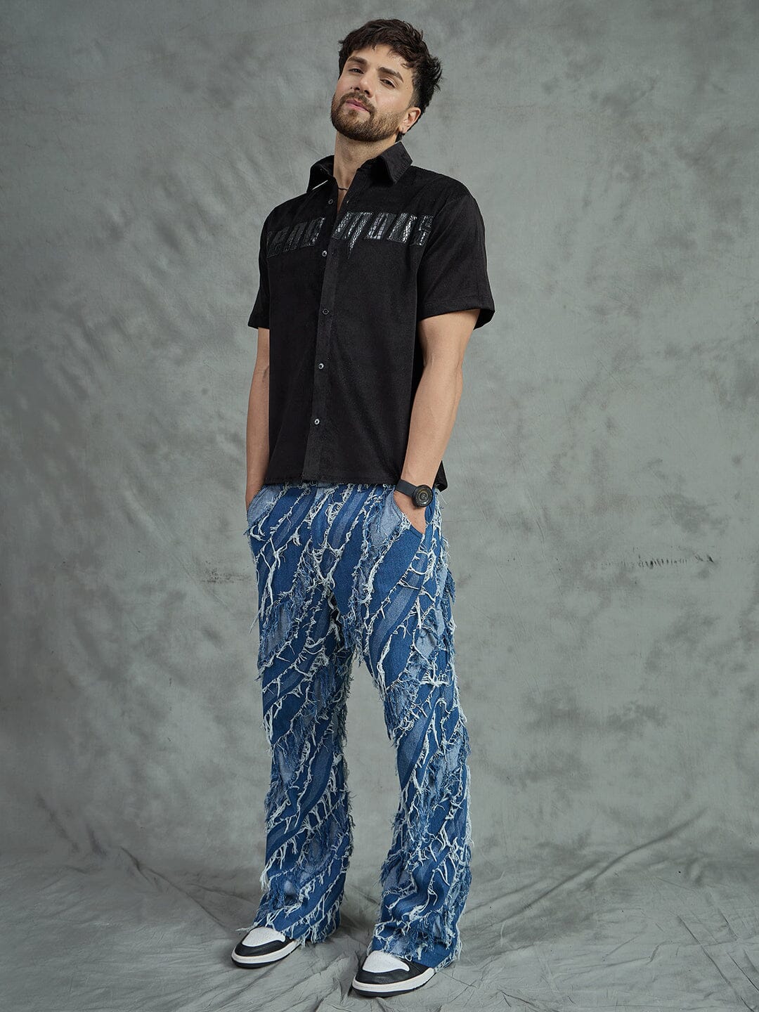 Black Corduroy Pu Applique Short Sleeves Shirt - Image 7