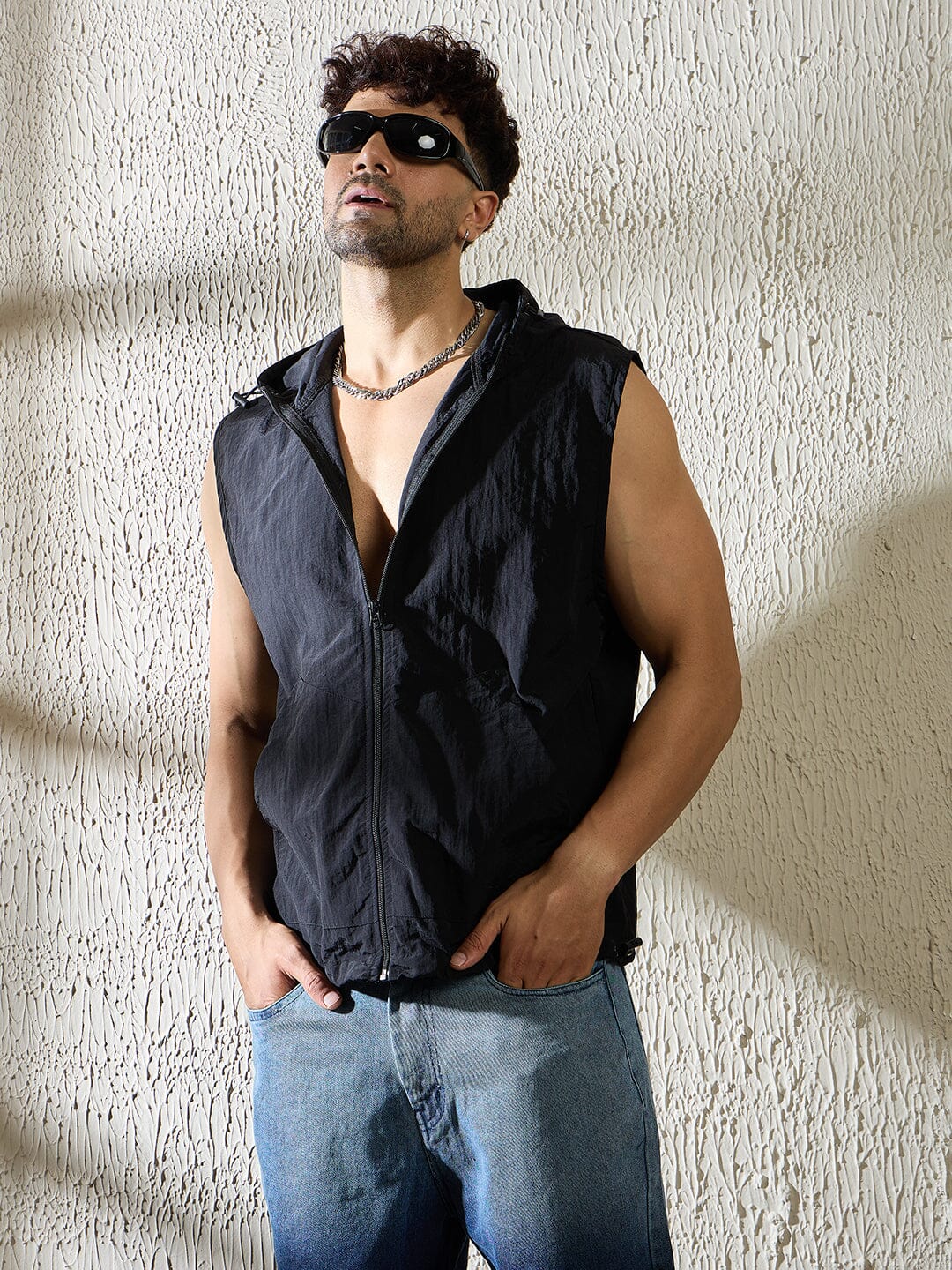 Black Crushed Nylon Sleeveless Windbreaker Jacket - Image 3