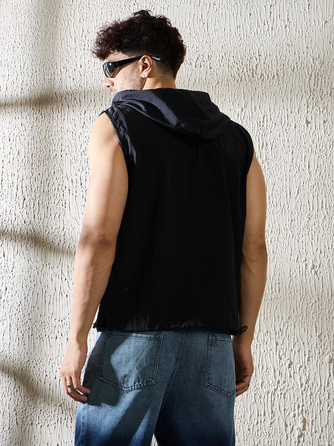 Black Crushed Nylon Sleeveless Windbreaker Jacket - Image 4
