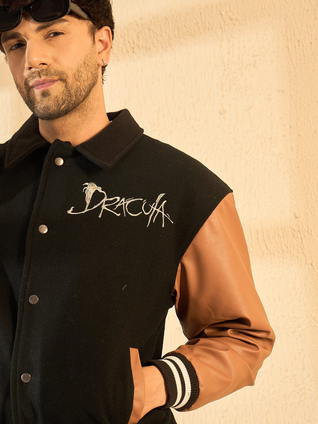 Black Dracula Embroidery Woollen Varsity Jacket - Image 5
