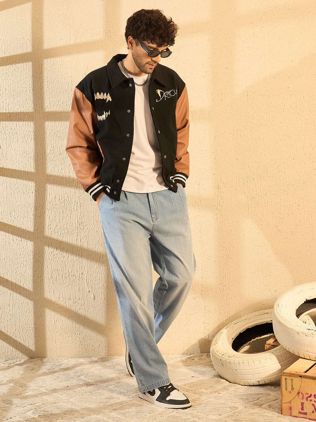 Black Dracula Embroidery Woollen Varsity Jacket - Image 6