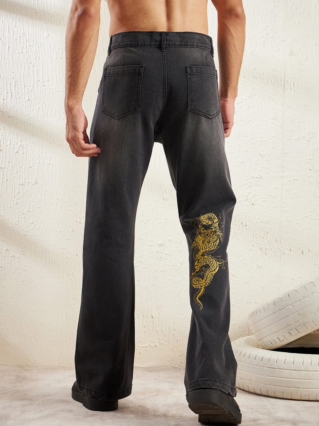 Black Dragon Embroidery Flared Denim - Image 5