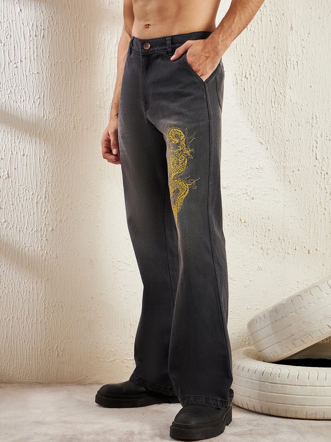 Black Dragon Embroidery Flared Denim - Image 6