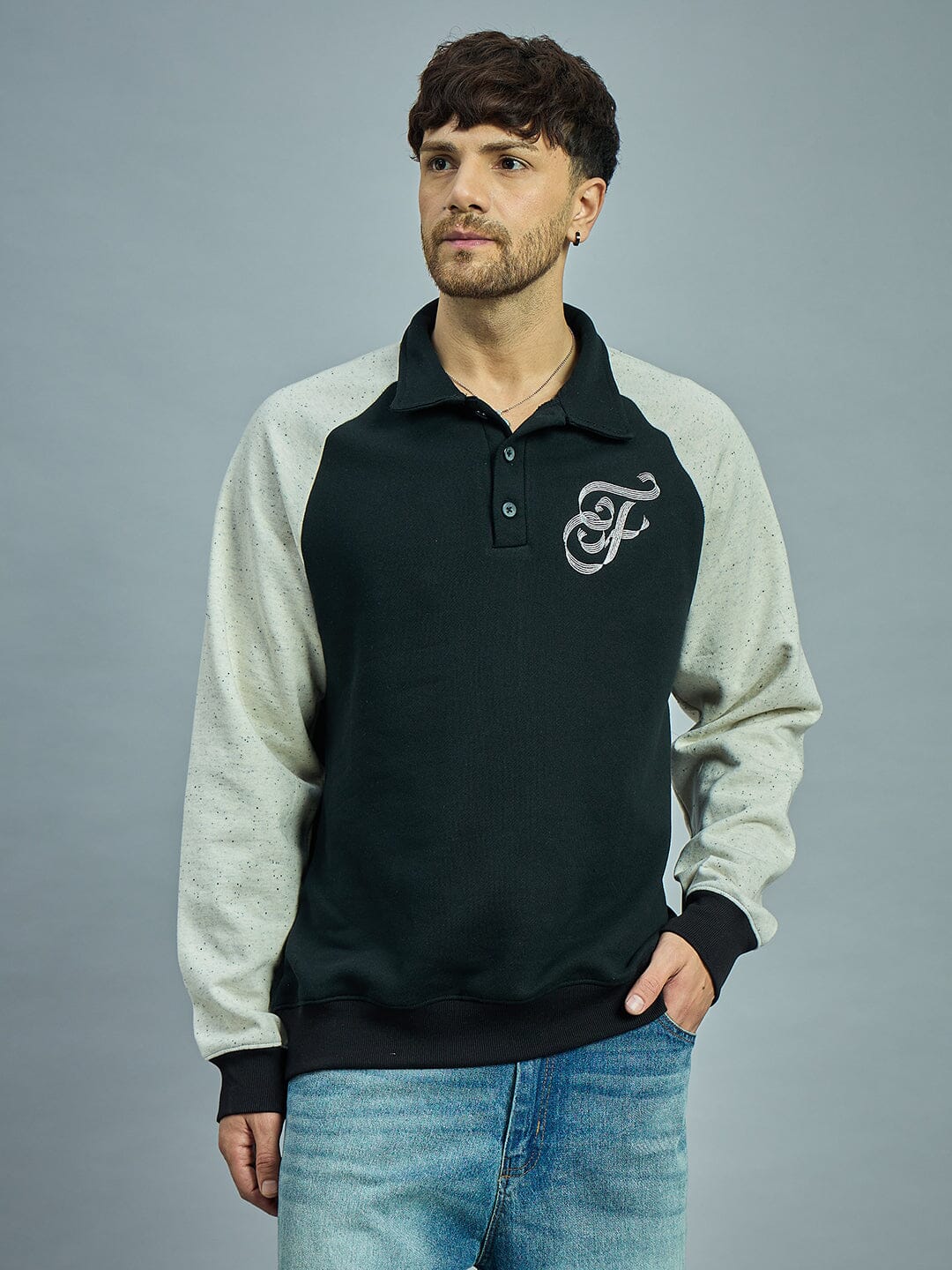 Black & Ecru Raglan Monogram Polo Sweatshirt - Image 2