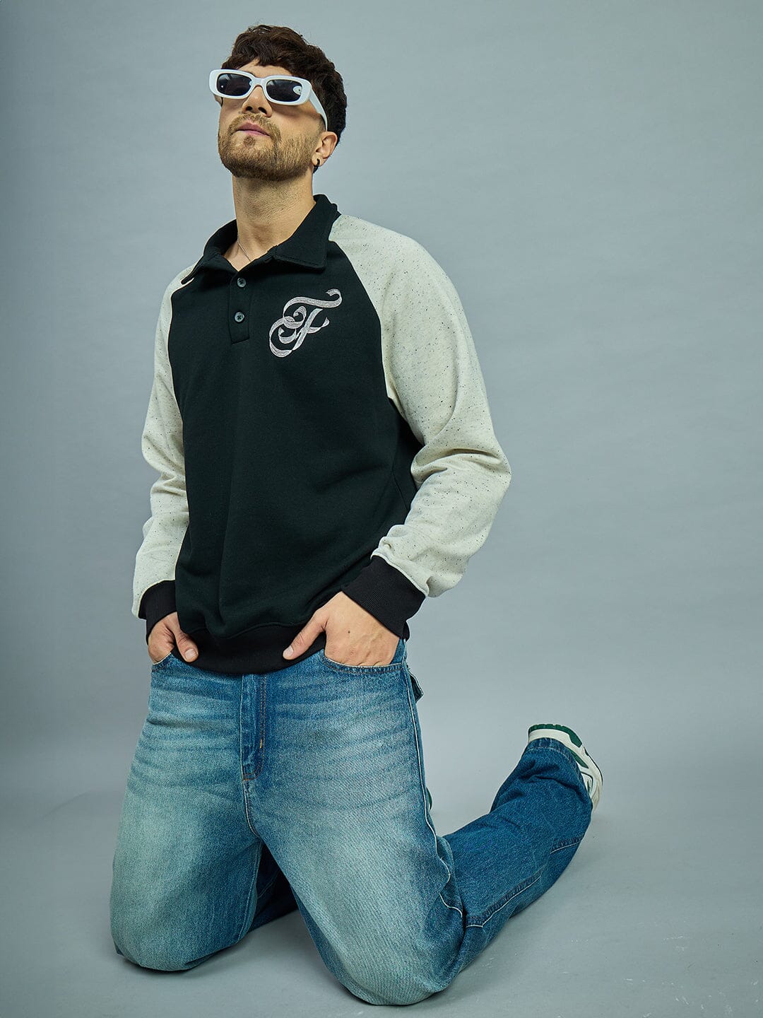 Black & Ecru Raglan Monogram Polo Sweatshirt - Image 6