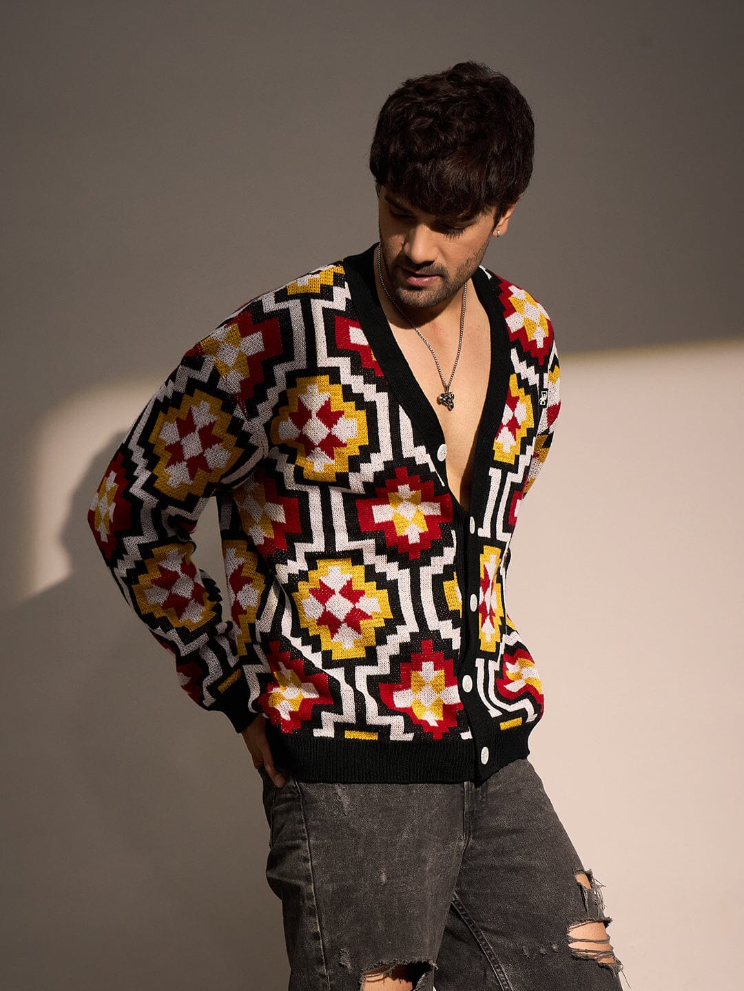 Black Geometric Pattern Cardigan - Image 2