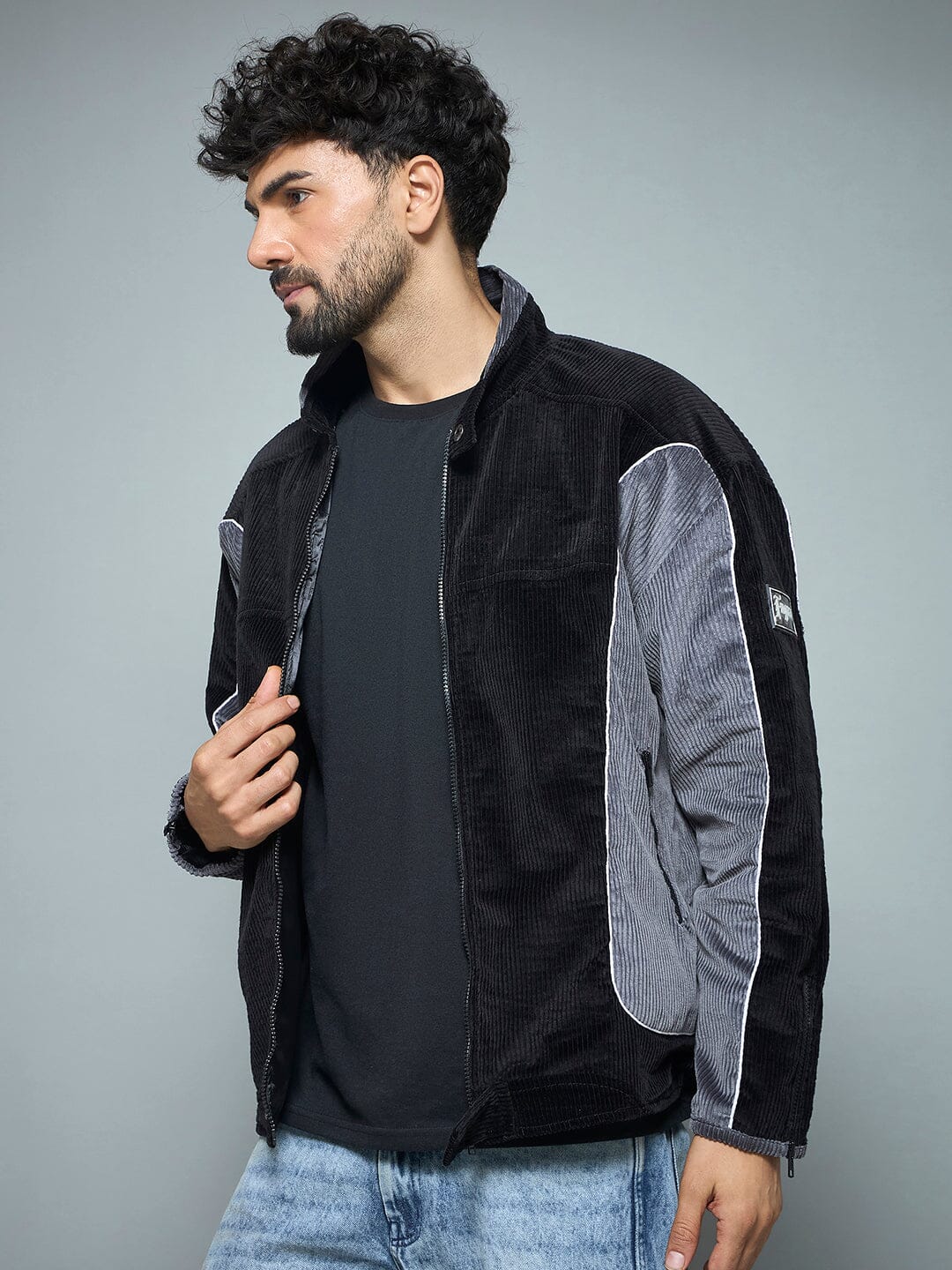 Black & Grey Corduroy Moto Jacket - Image 2