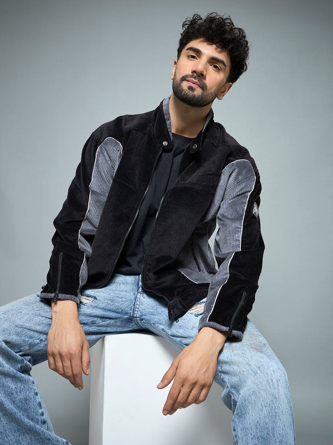 Black & Grey Corduroy Moto Jacket - Image 3