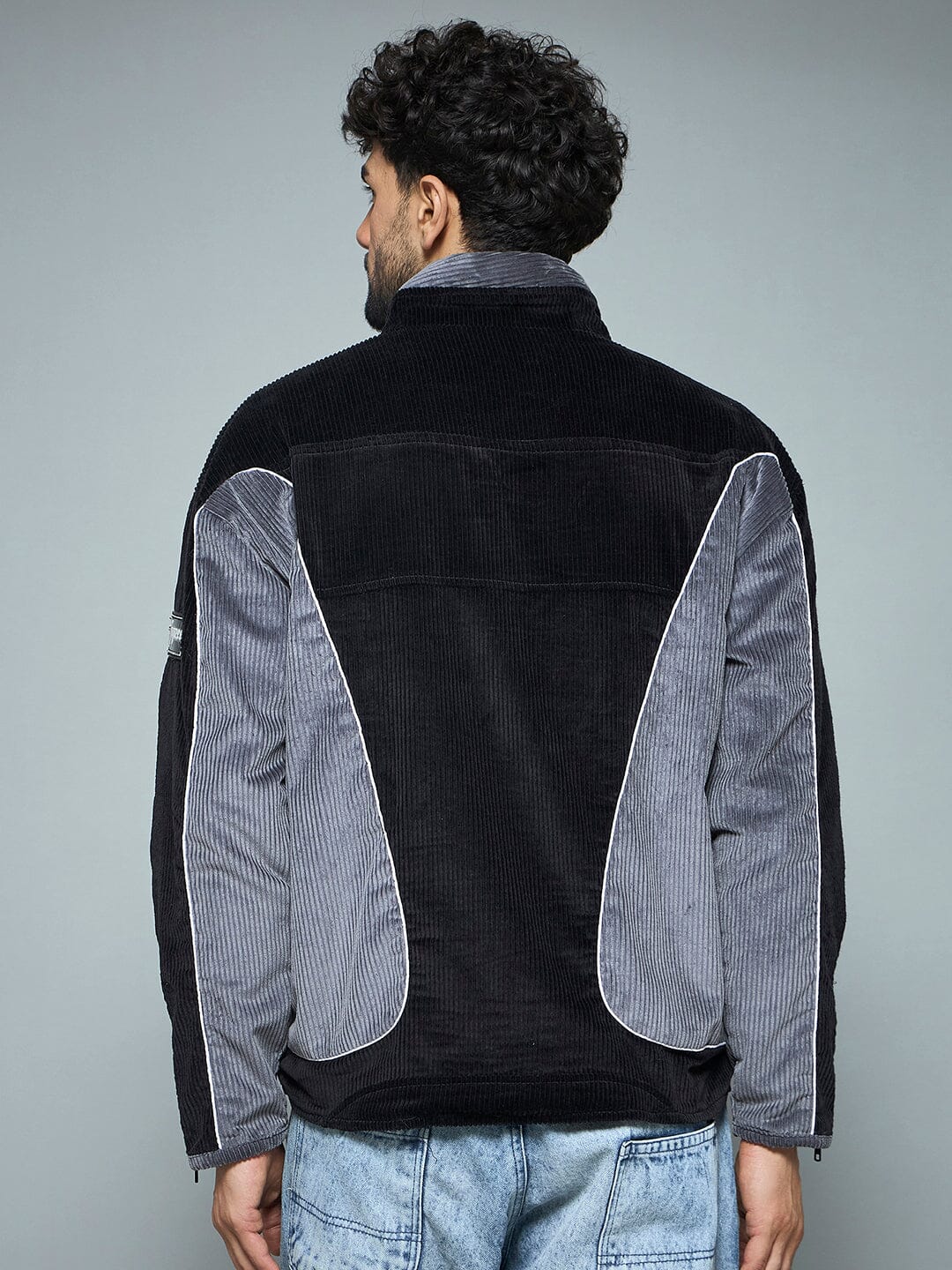 Black & Grey Corduroy Moto Jacket - Image 4