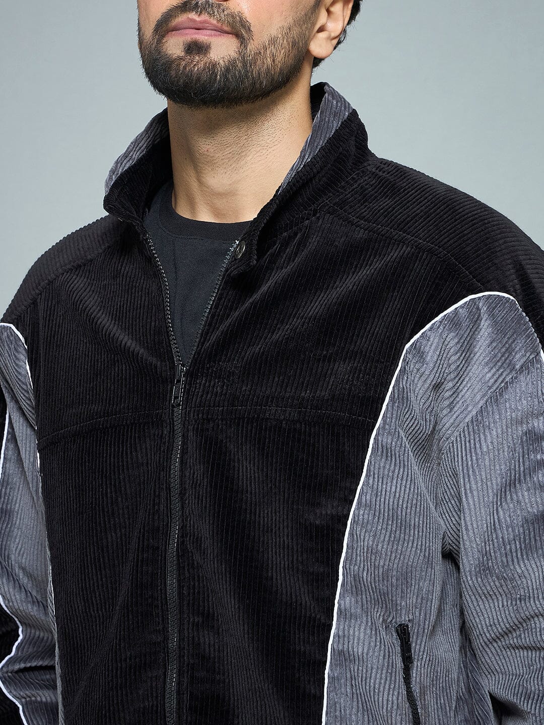 Black & Grey Corduroy Moto Jacket - Image 5