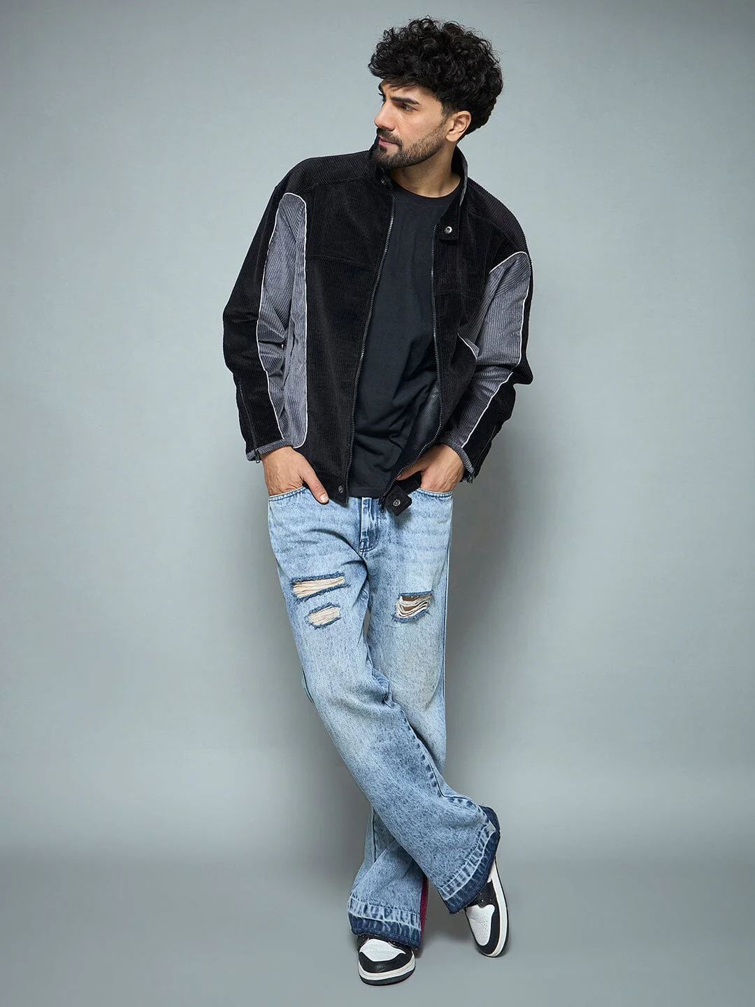 Black & Grey Corduroy Moto Jacket - Image 6