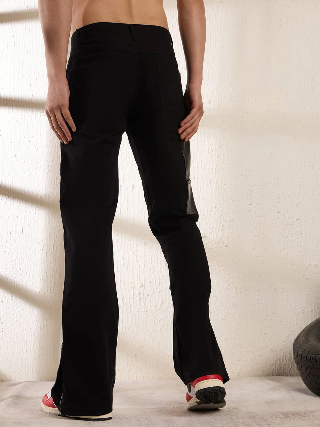 Black Leather Patched Flared Trousers - Image 4