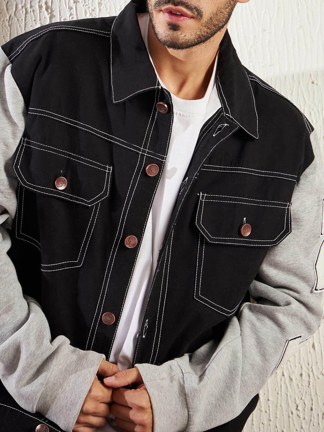 Black Letterman Contrast Stitch Jacket - Image 5