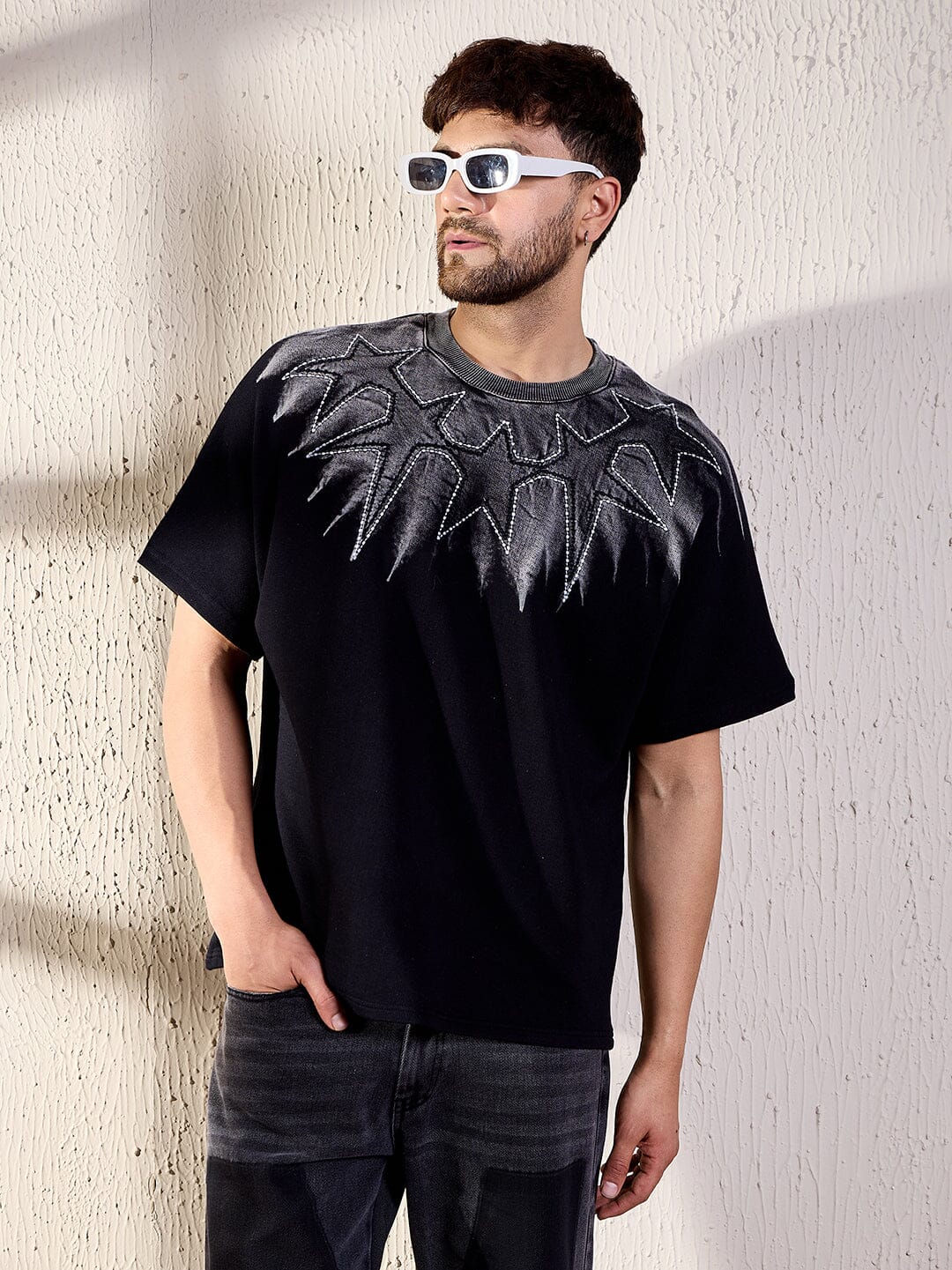 Black Ombre Star Embroidery Oversized Tshirt - Image 2
