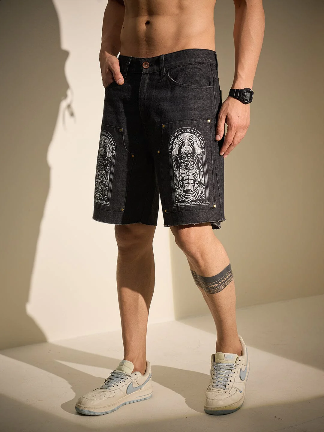 Black Printed Carpenter Denim Shorts - Image 3