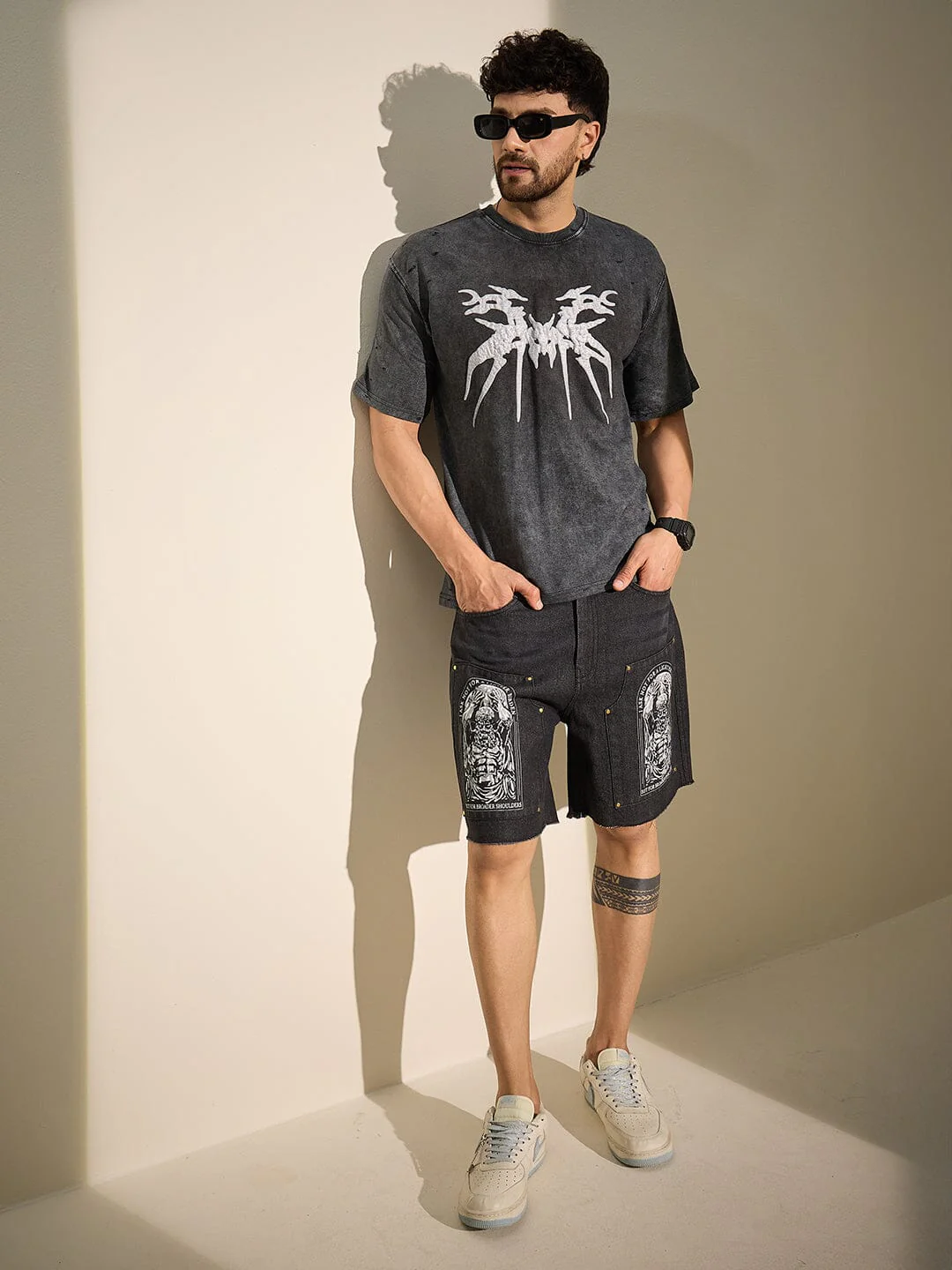 Black Printed Carpenter Denim Shorts - Image 5