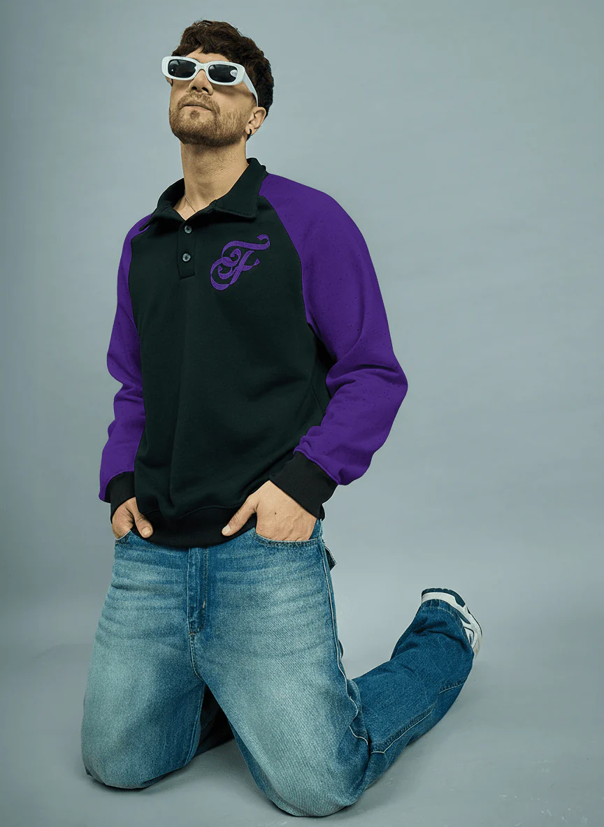 Black & Purple Raglan Polo Sweatshirt - Image 3