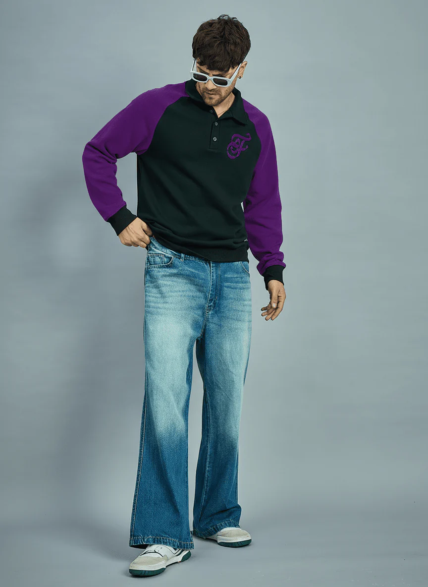 Black & Purple Raglan Polo Sweatshirt - Image 4