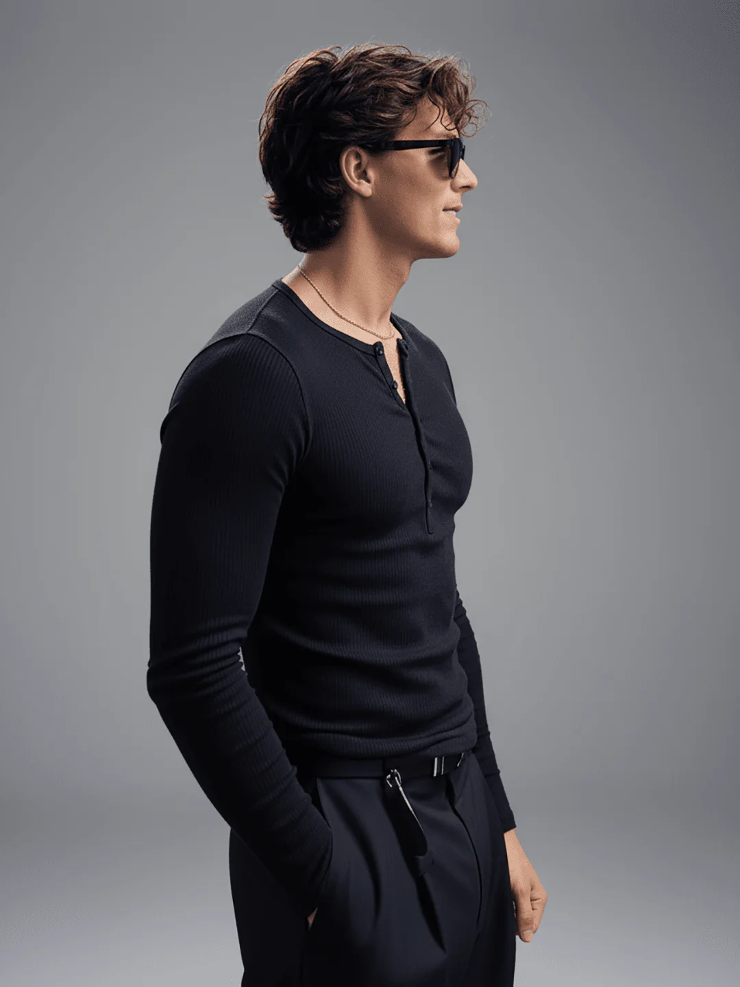 Black Ribbed Henley Longsleeves Tshirt - Image 3