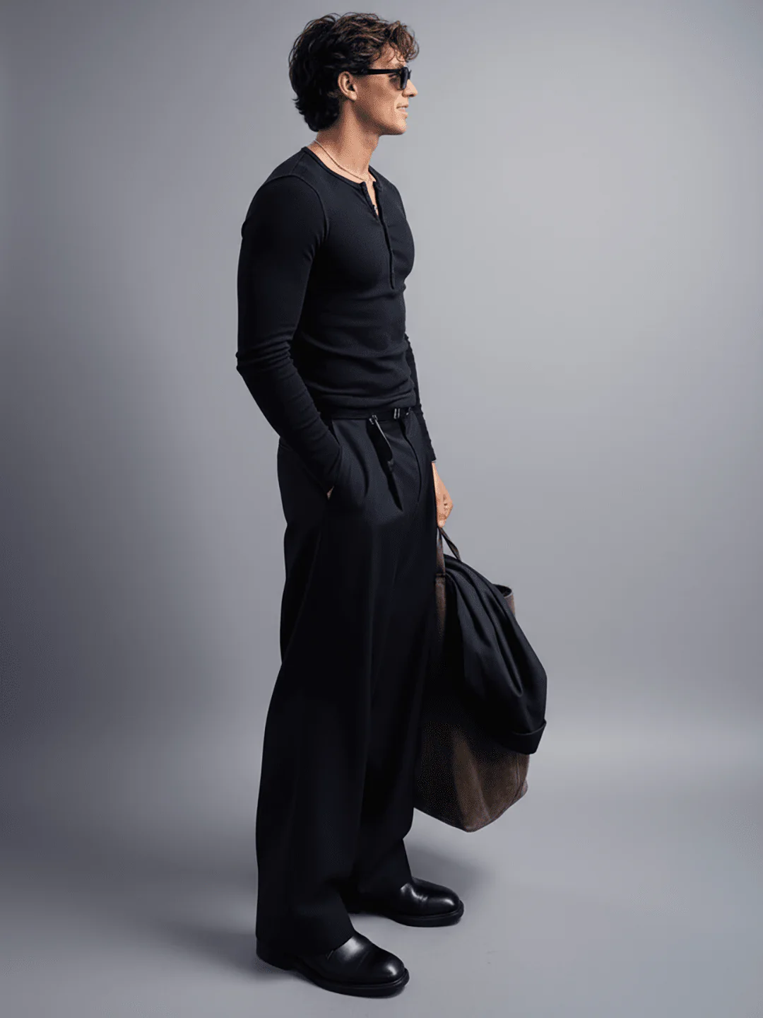 Black Ribbed Henley Longsleeves Tshirt - Image 6