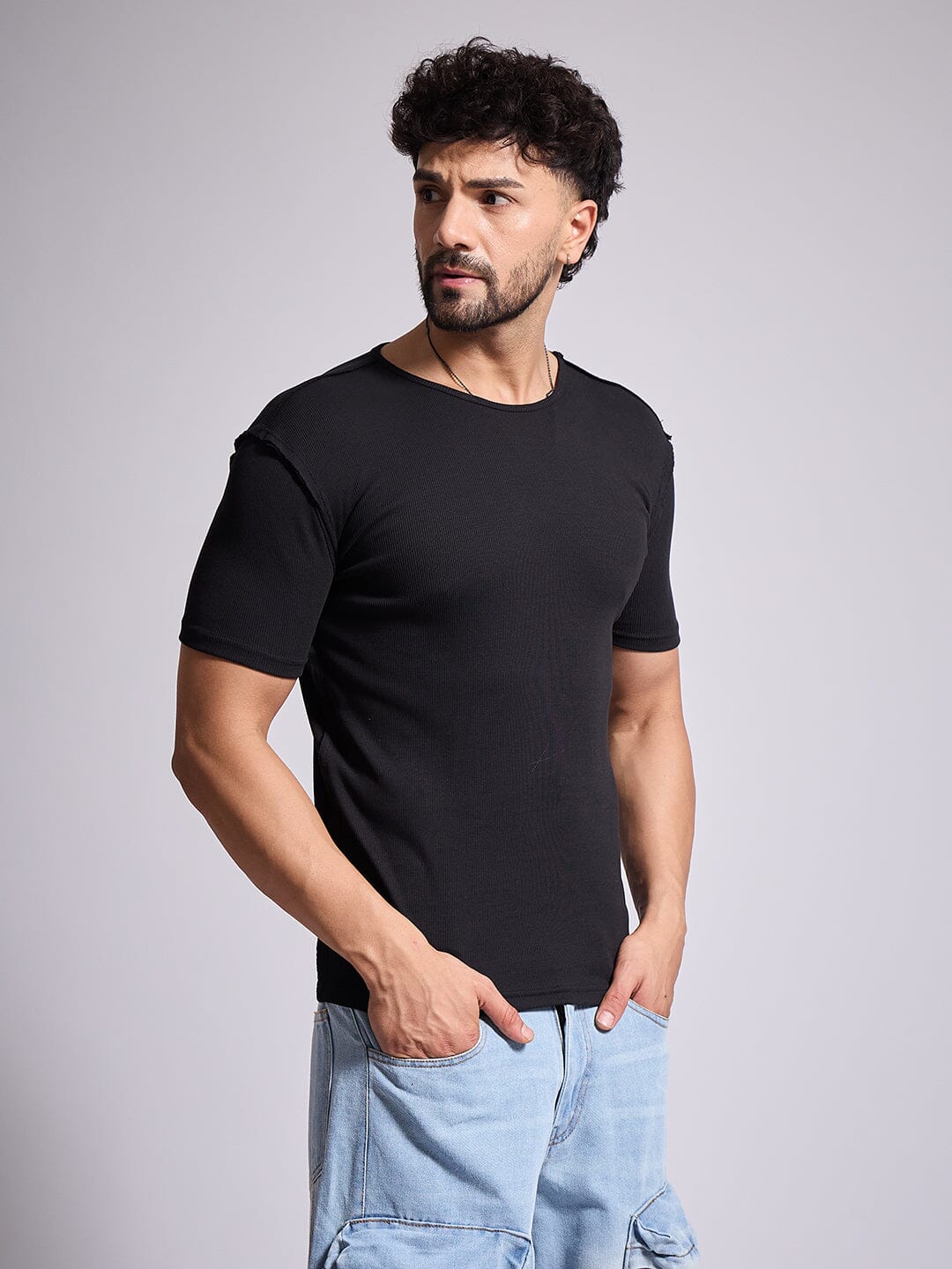 Black Ribbed Short Sleeves Tshirt - Image 2