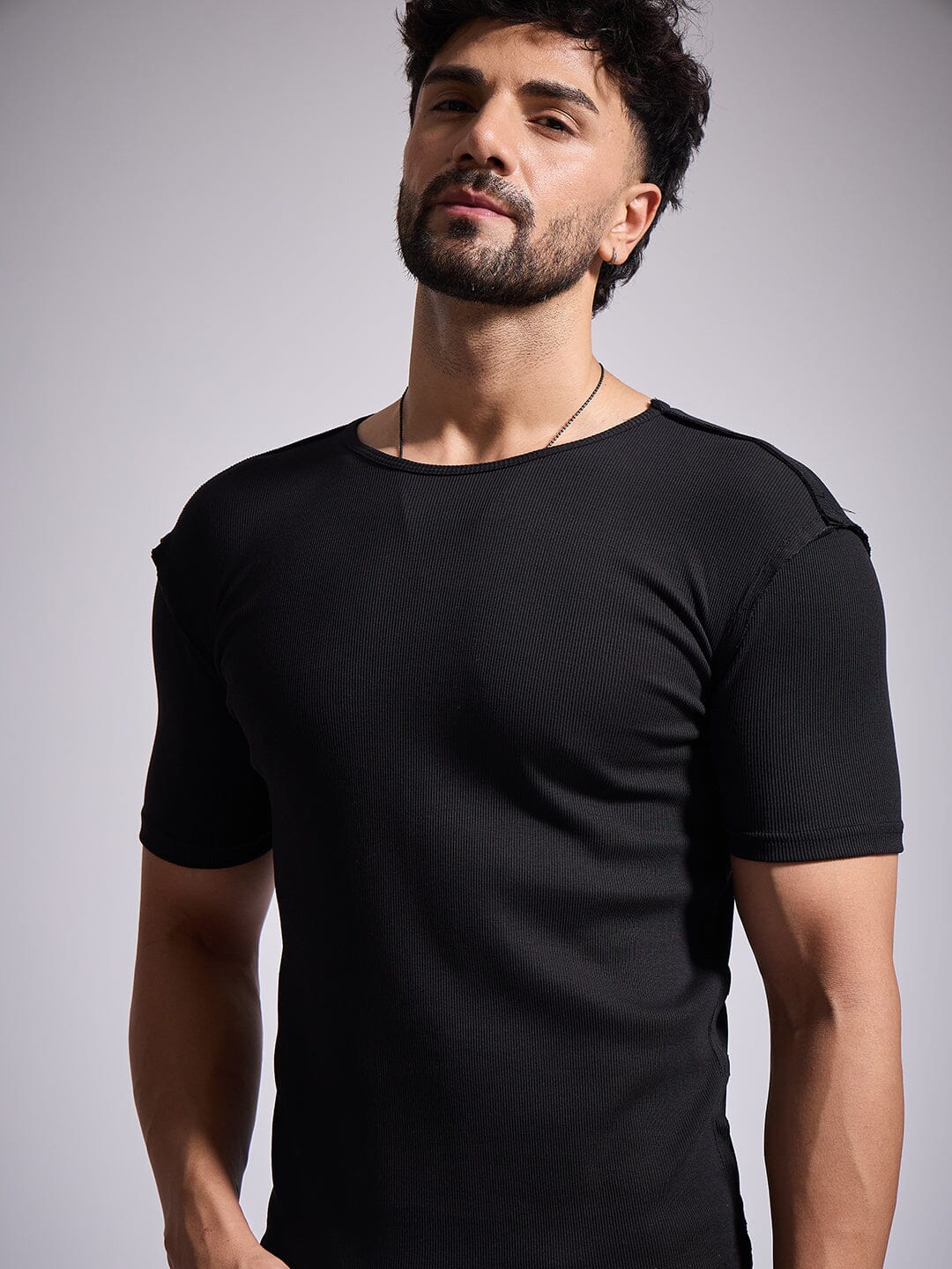 Black Ribbed Short Sleeves Tshirt - Image 3