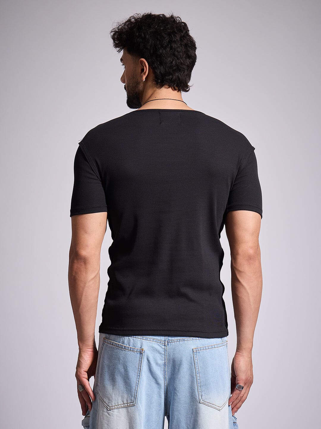 Black Ribbed Short Sleeves Tshirt - Image 4