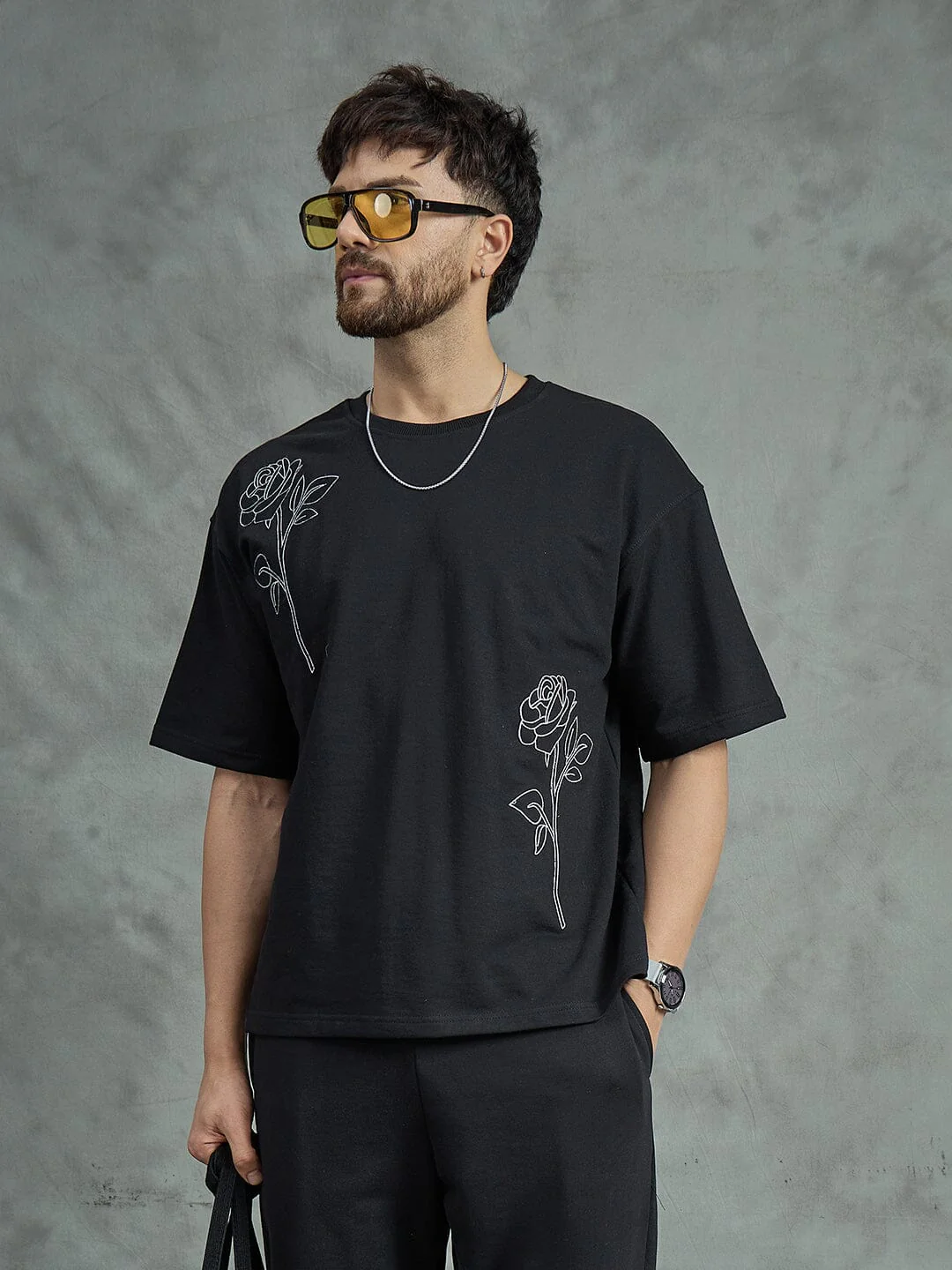 Black Rose Embroidery Oversized Tee - Image 4