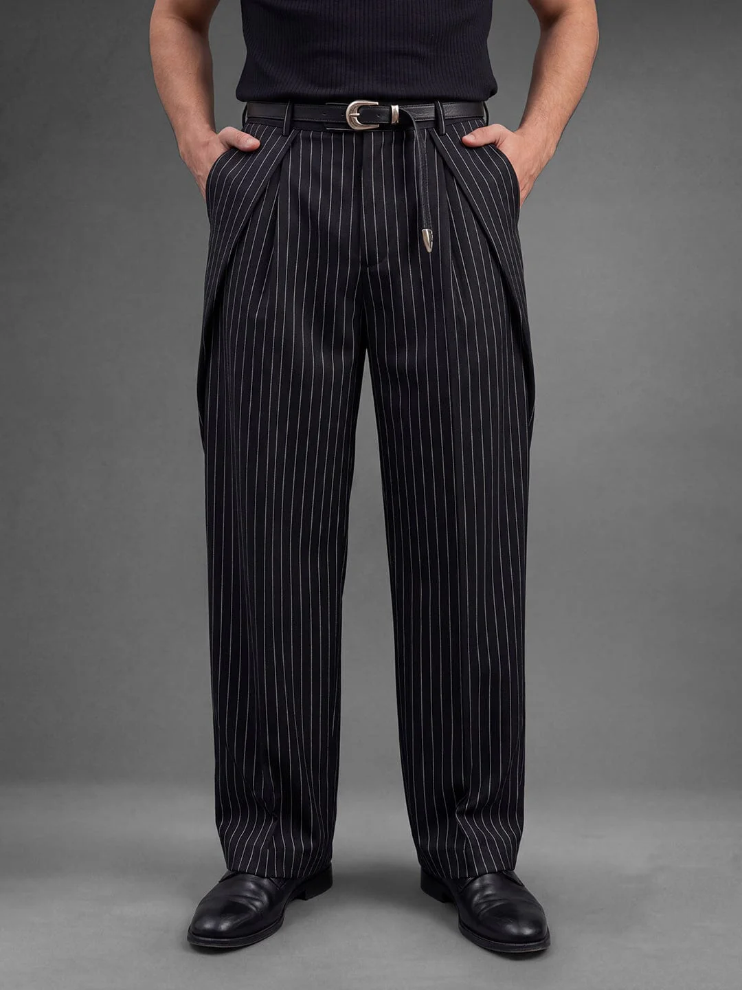 Black striped pleated Korean pants - Image 2