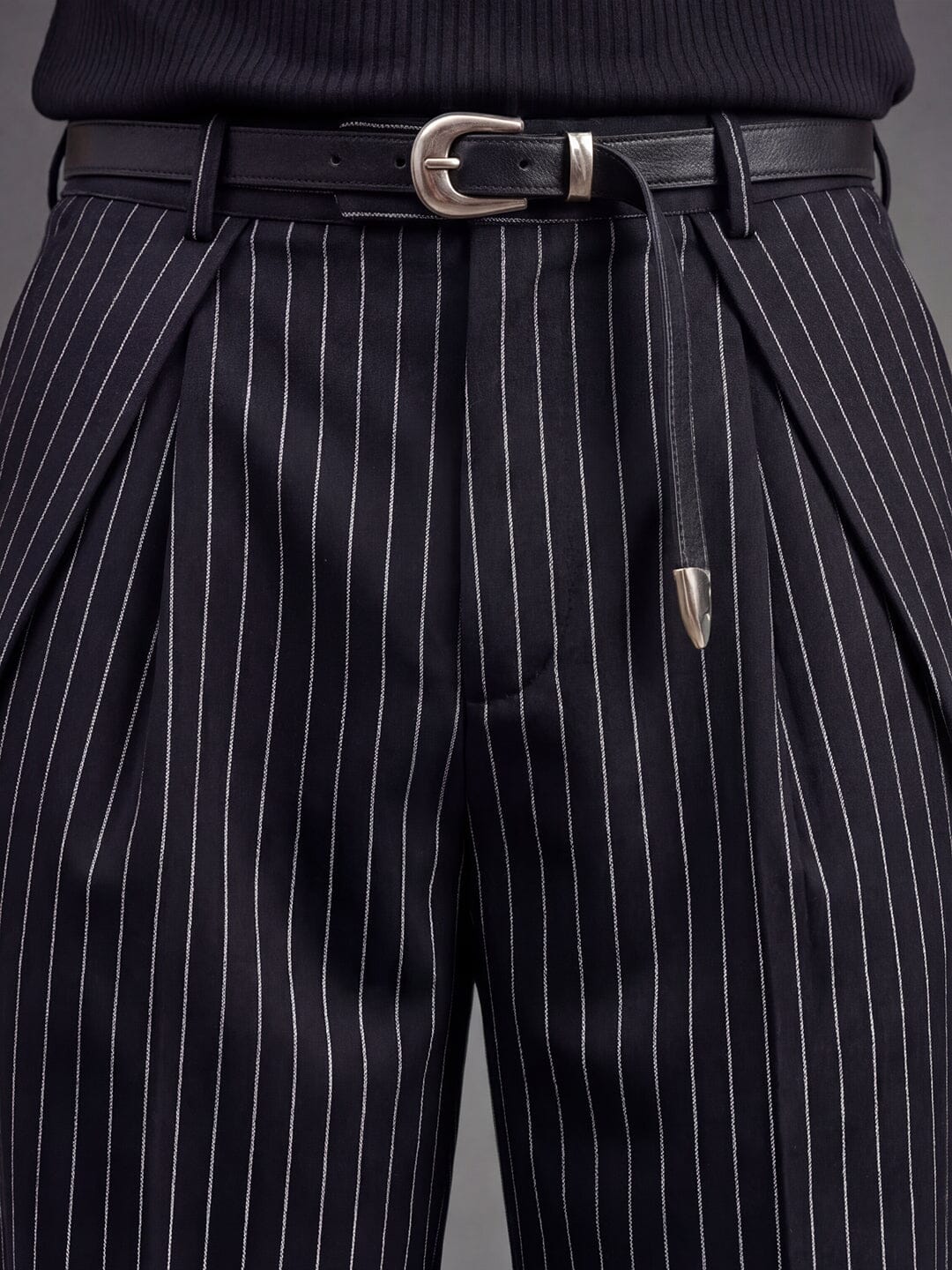 Black striped pleated Korean pants - Image 3