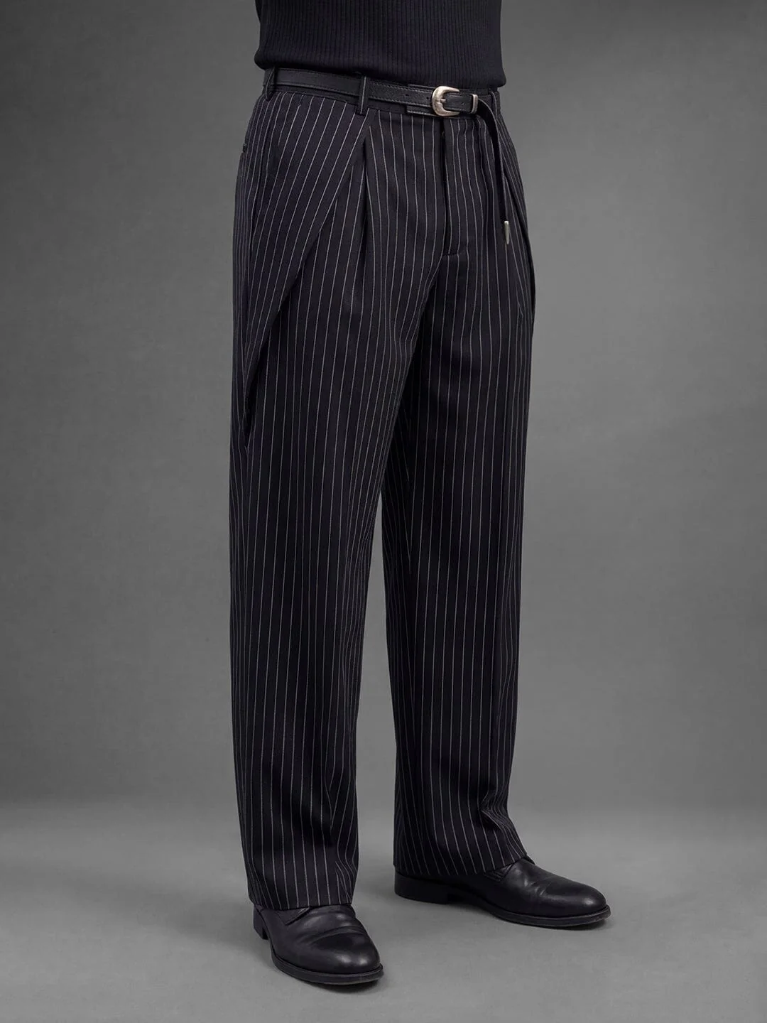 Black striped pleated Korean pants - Image 4