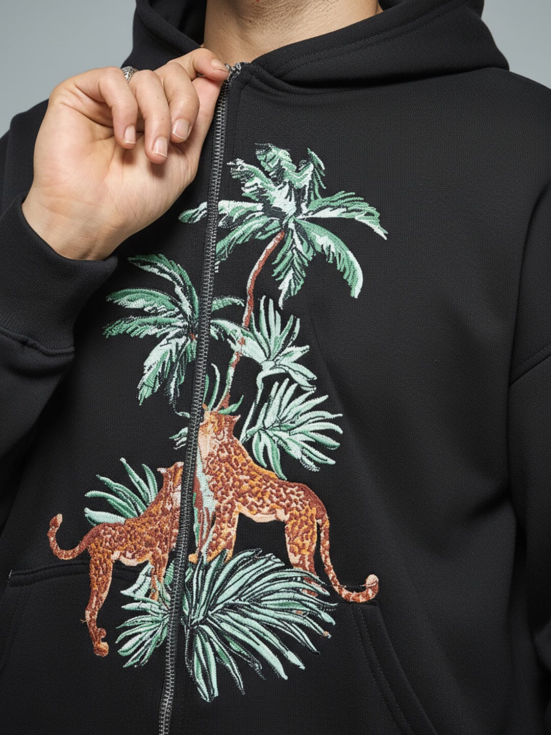 Black Tropical Tiger Embroidered Hoodie - Image 3