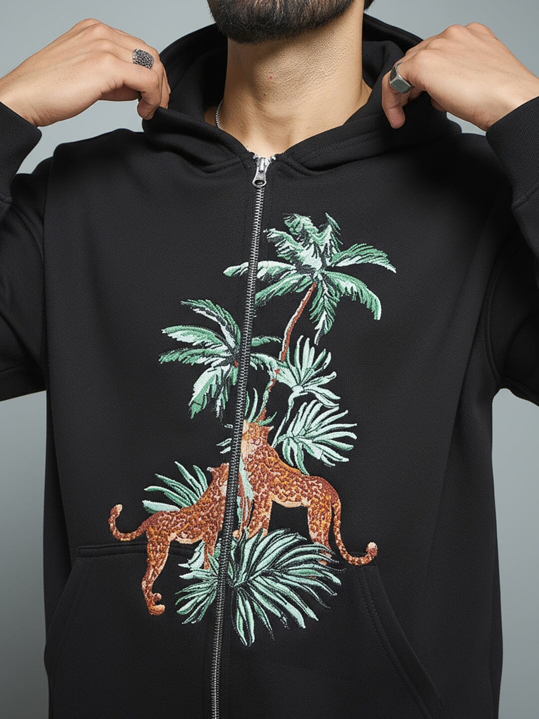 Black Tropical Tiger Embroidered Hoodie - Image 5