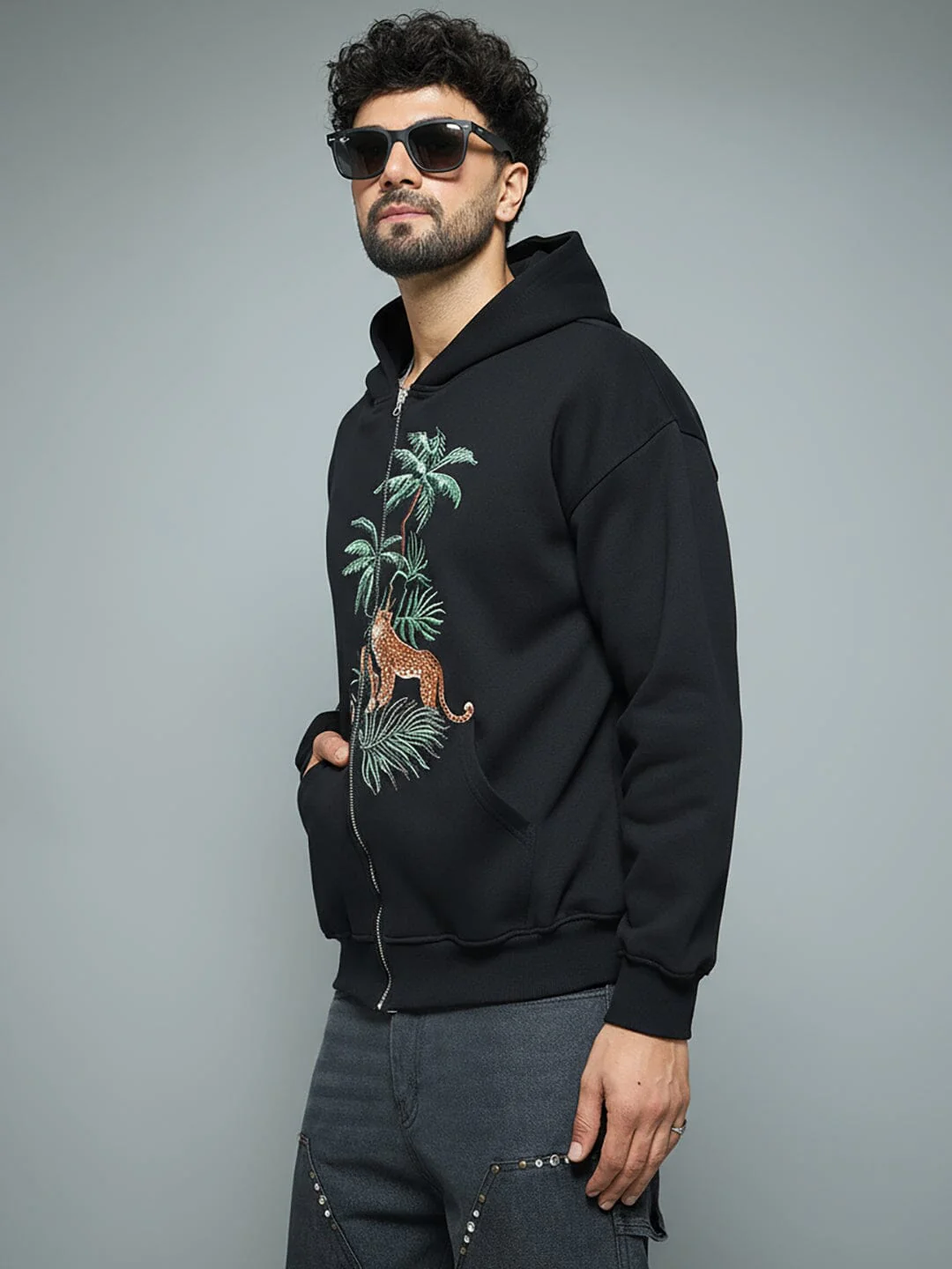 Black Tropical Tiger Embroidered Hoodie - Image 6