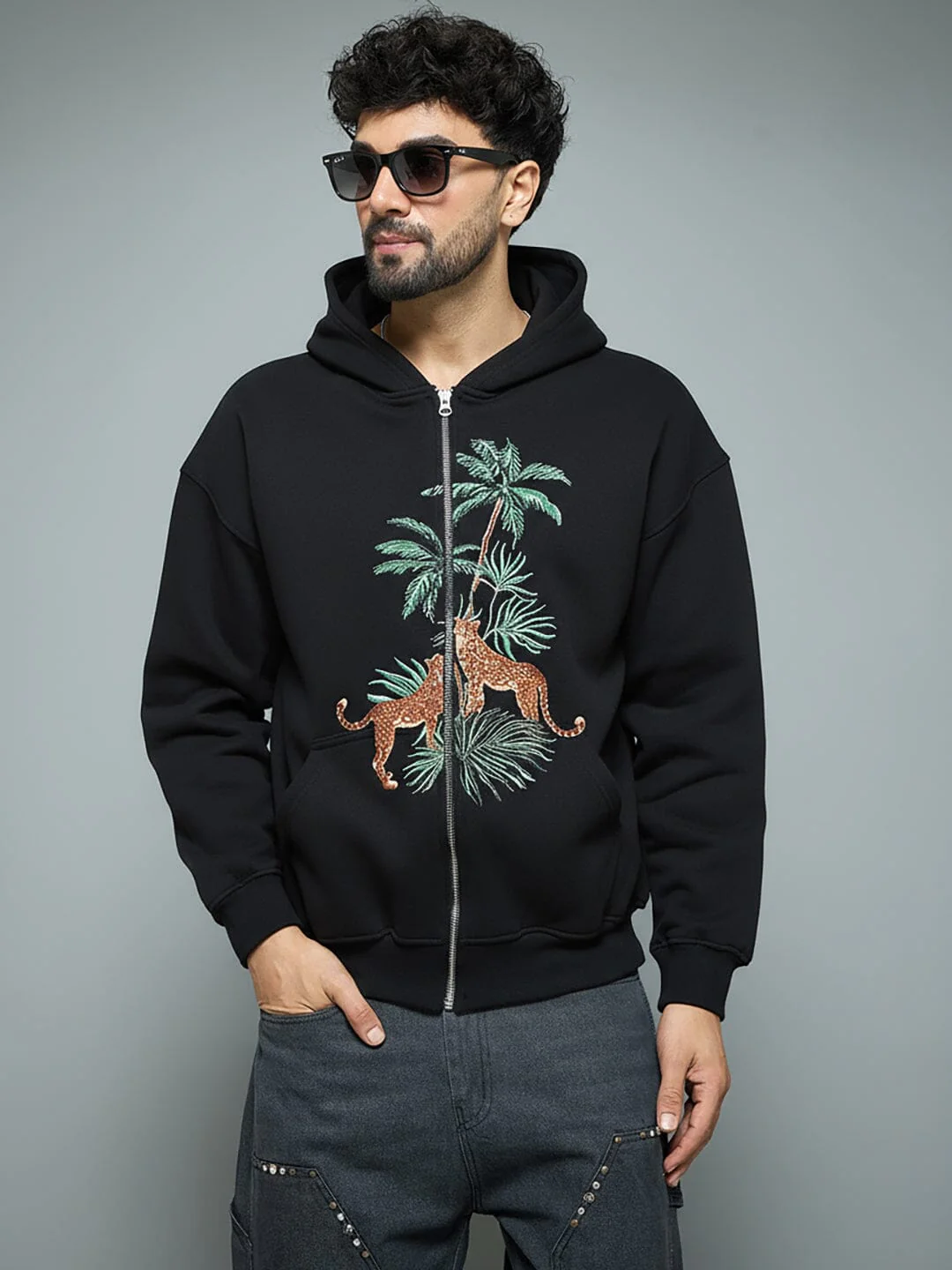 Black Tropical Tiger Embroidered Hoodie - Image 7
